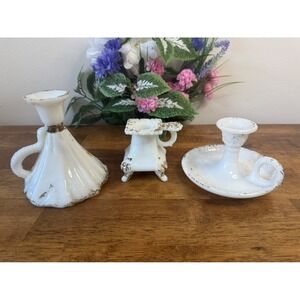Antique Victorian Milk‎ Glass Candle Holder Trio Ornate Gilded Handles Floral